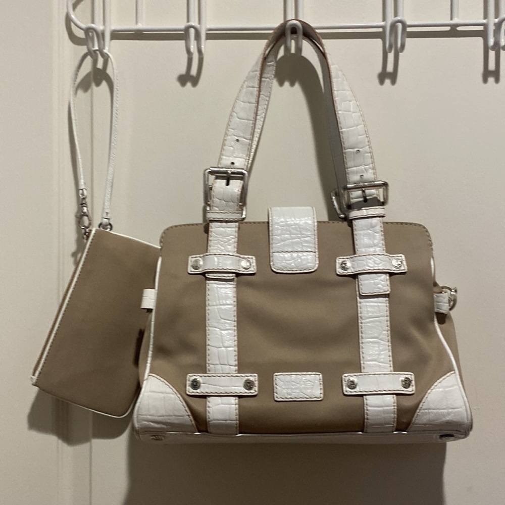 MICHAEL KORS Y2K White Croc Embossed Leather Canvas Shoulder Bag Wristlet NWOT - Picture 2 of 12